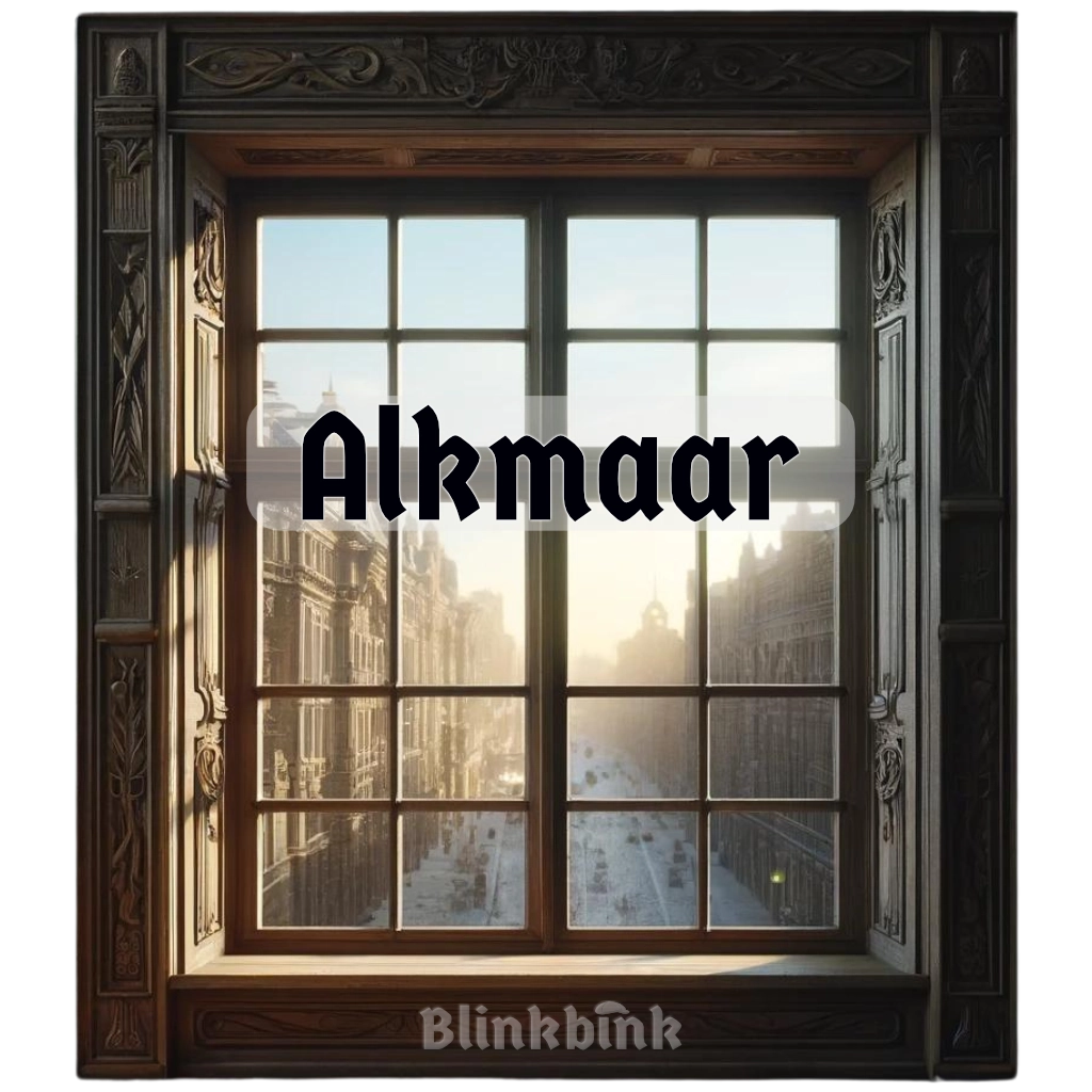 Een helder uitzicht door een klassiek Nederlands raam met sierlijke houten lijstwerk en de naam "Blinkblink", uitkijkend over de historische architectuur van Alkmaar, met de tekst "Alkmaar" over het glas.